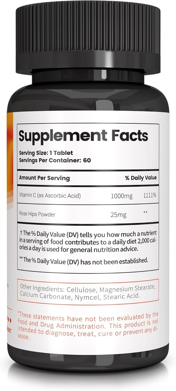 Losoki VC 1000 - High-Potency Vitamin C Tablets for Immune Health & Antioxidant Defense - Buffered Formula with Rose HIPS - 60 Count