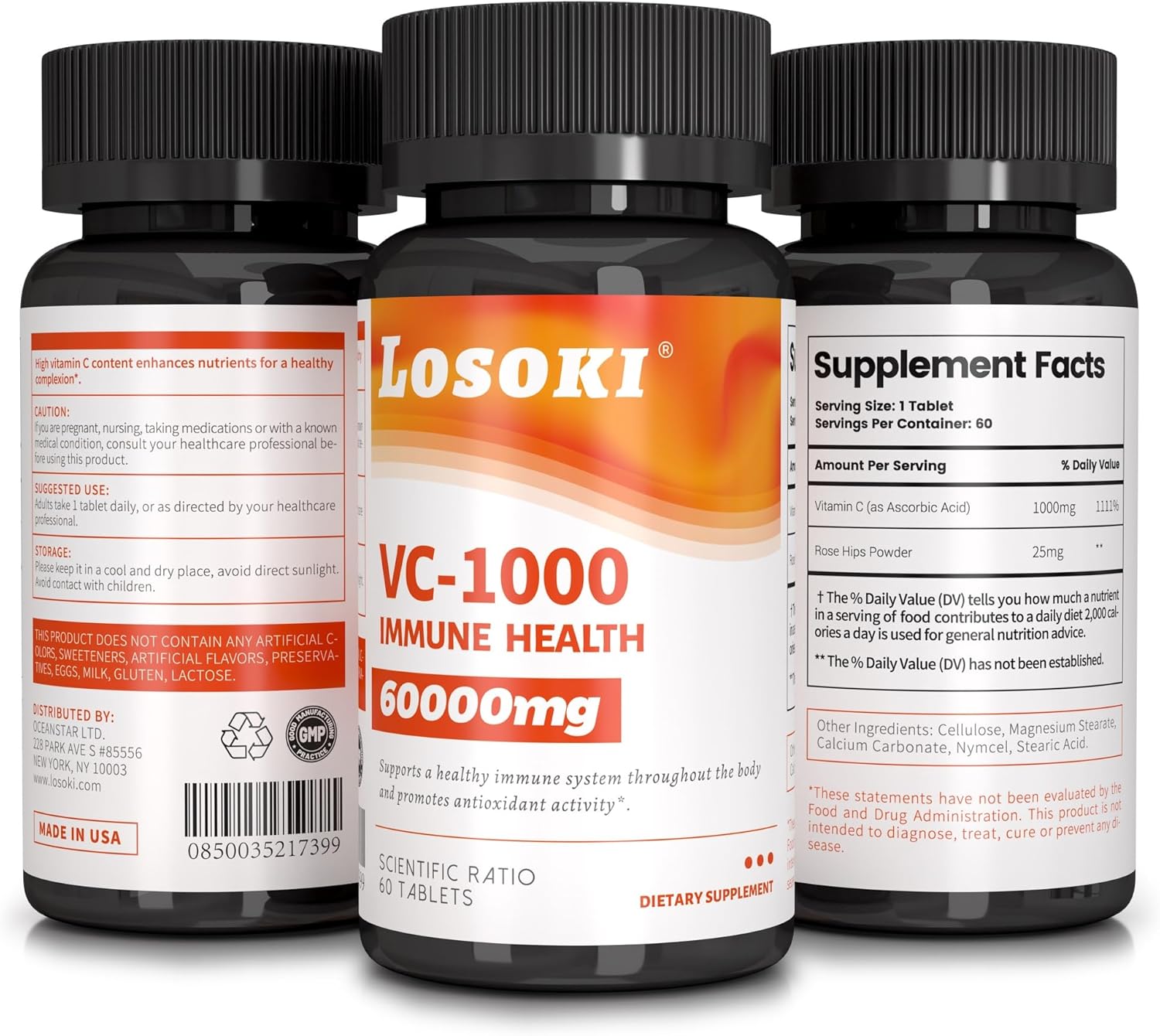 Losoki VC 1000 - High-Potency Vitamin C Tablets for Immune Health & Antioxidant Defense - Buffered Formula with Rose HIPS - 60 Count