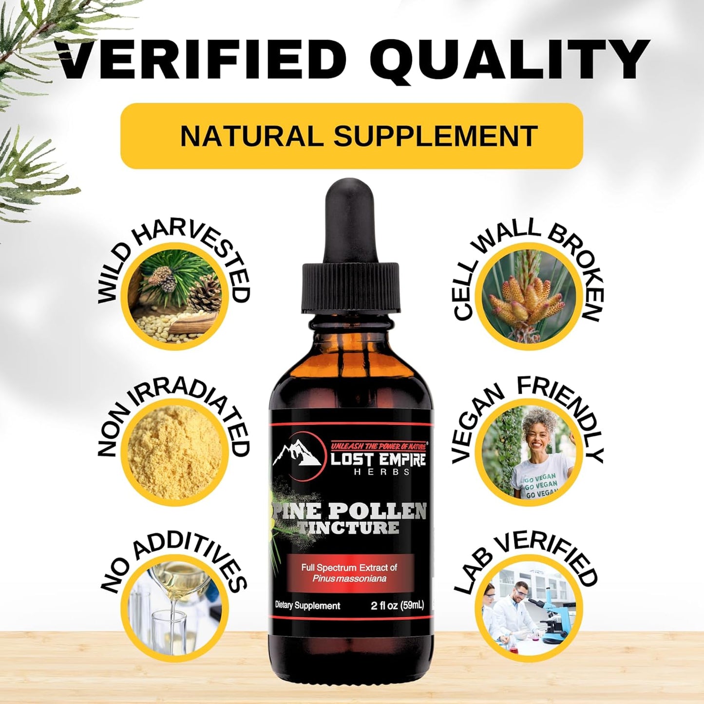 Lost Empire Herbs Pine Pollen Tincture - High Absorption Pine Pollen Liquid Extract for Testosterone Boost - 3rd Party Lab Tested - 2 Ounce Bottle