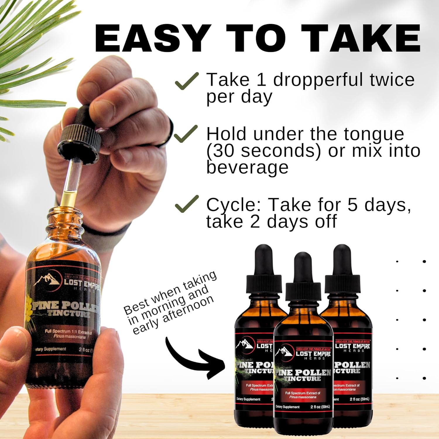 Lost Empire Herbs Pine Pollen Tincture - High Absorption Pine Pollen Liquid Extract for Testosterone Boost - 3rd Party Lab Tested - 2 Ounce Bottle