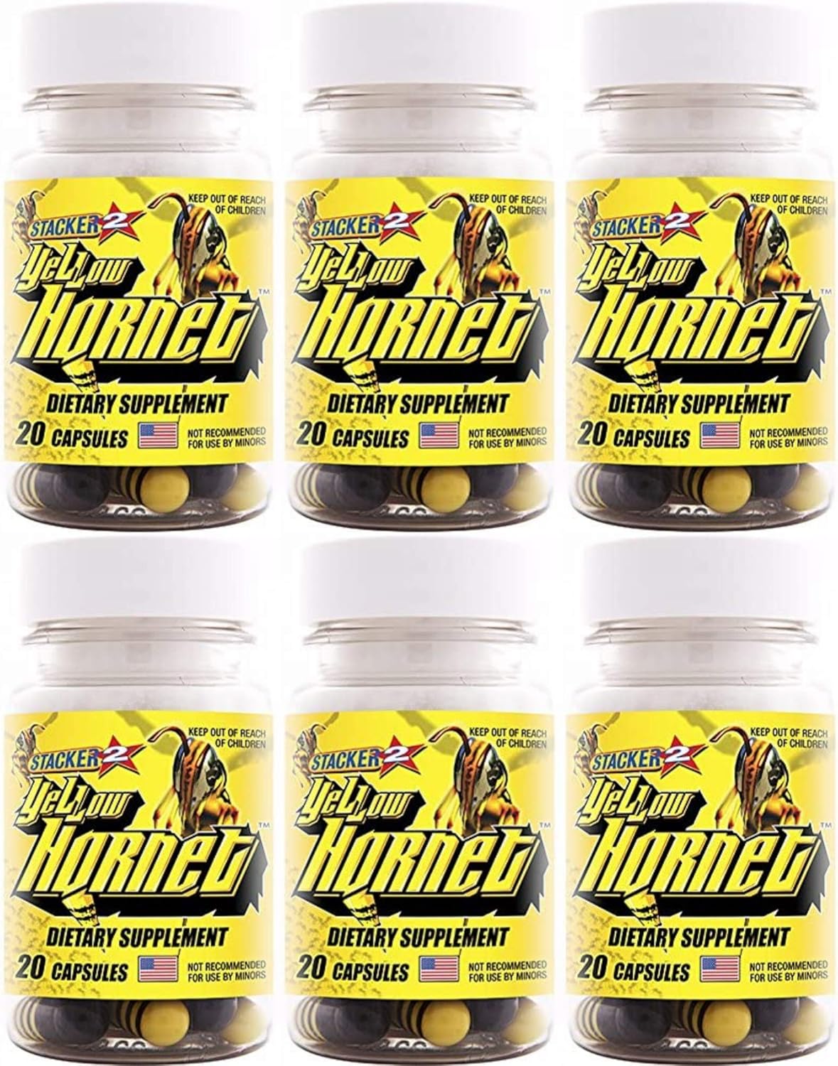 Lot of 6 X STACKER 2 Yellow Hornet Herbal Dietary Supplement 20ct Capsules - 120 Total