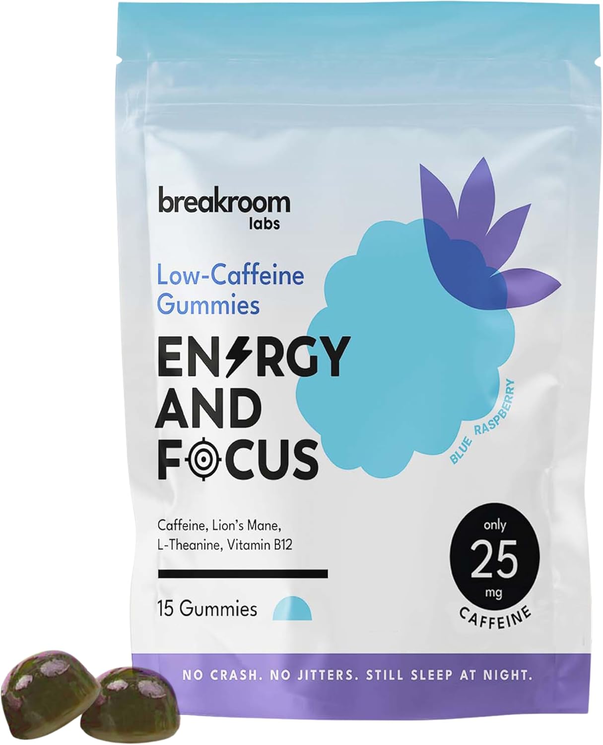 Low Caffeine Energy Gummies with L-Theanine, Lions Mane & Vitamin B12 - Nootropic Brain Supplement for Adults & Kids - Blue Raspberry Flavor, Vegan & Low Sugar - 15 Servings