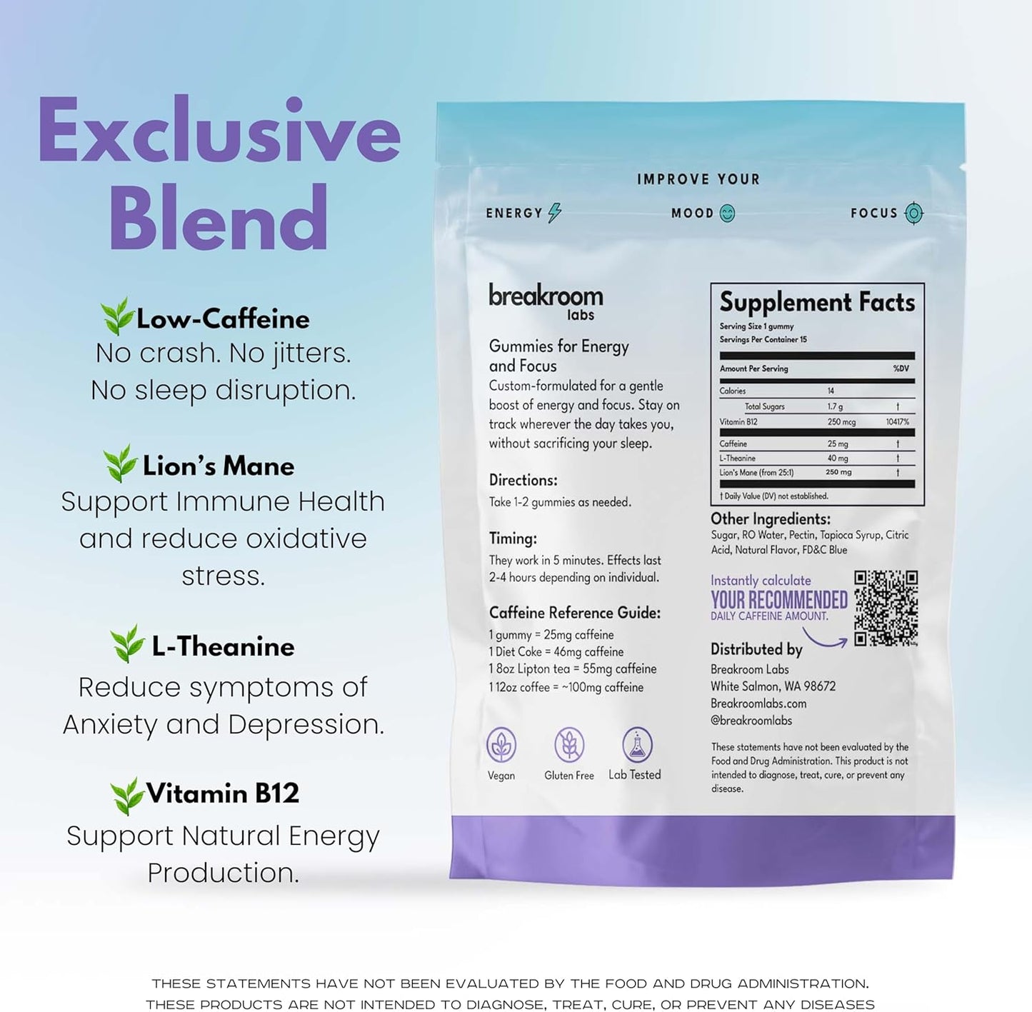 Low Caffeine Energy Gummies with L-Theanine, Lions Mane & Vitamin B12 - Nootropic Brain Supplement for Adults & Kids - Blue Raspberry Flavor, Vegan & Low Sugar - 15 Servings