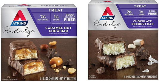 Low-Carb Atkins Endulge Bars, Caramel Nut Chew & Chocolate Coconut, 1g Sugar, Pack of 5