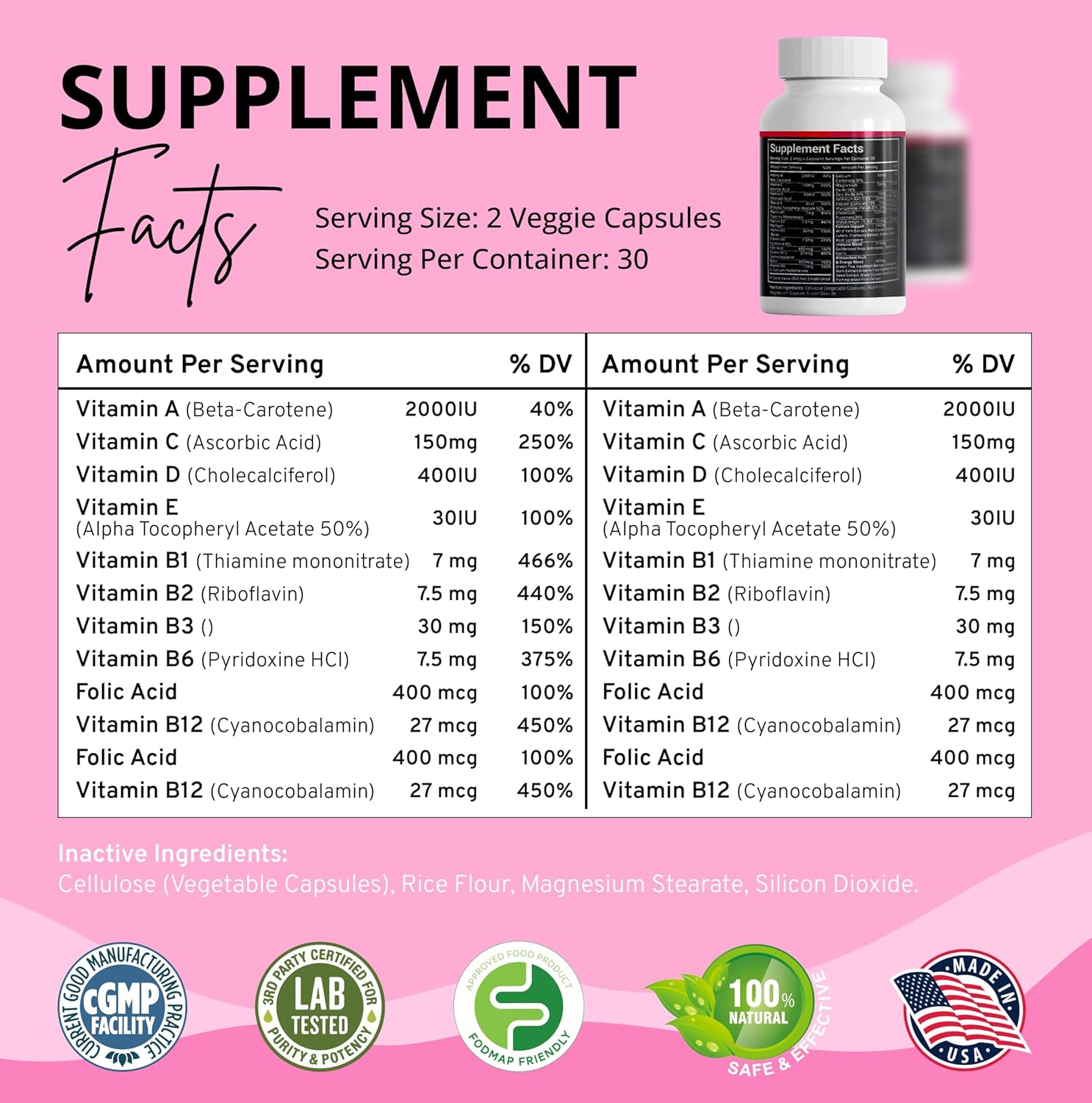 Low FODMAP Vegan Women's Ultra Multi-Vitamin for Low Energy Support | Iron-Free Digestible Daily Multivitamin for Females | Easy to Swallow Veggie Capsules - 60 Count