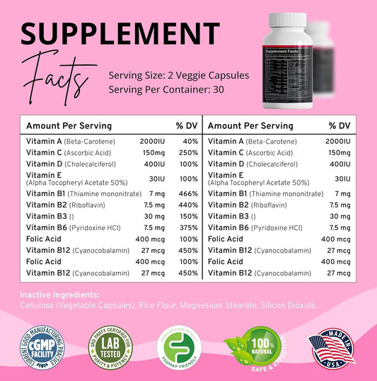 Low FODMAP Vegan Women's Ultra Multi-Vitamin for Low Energy Support | Iron-Free Digestible Daily Multivitamin for Females | Easy to Swallow Veggie Capsules - 60 Count