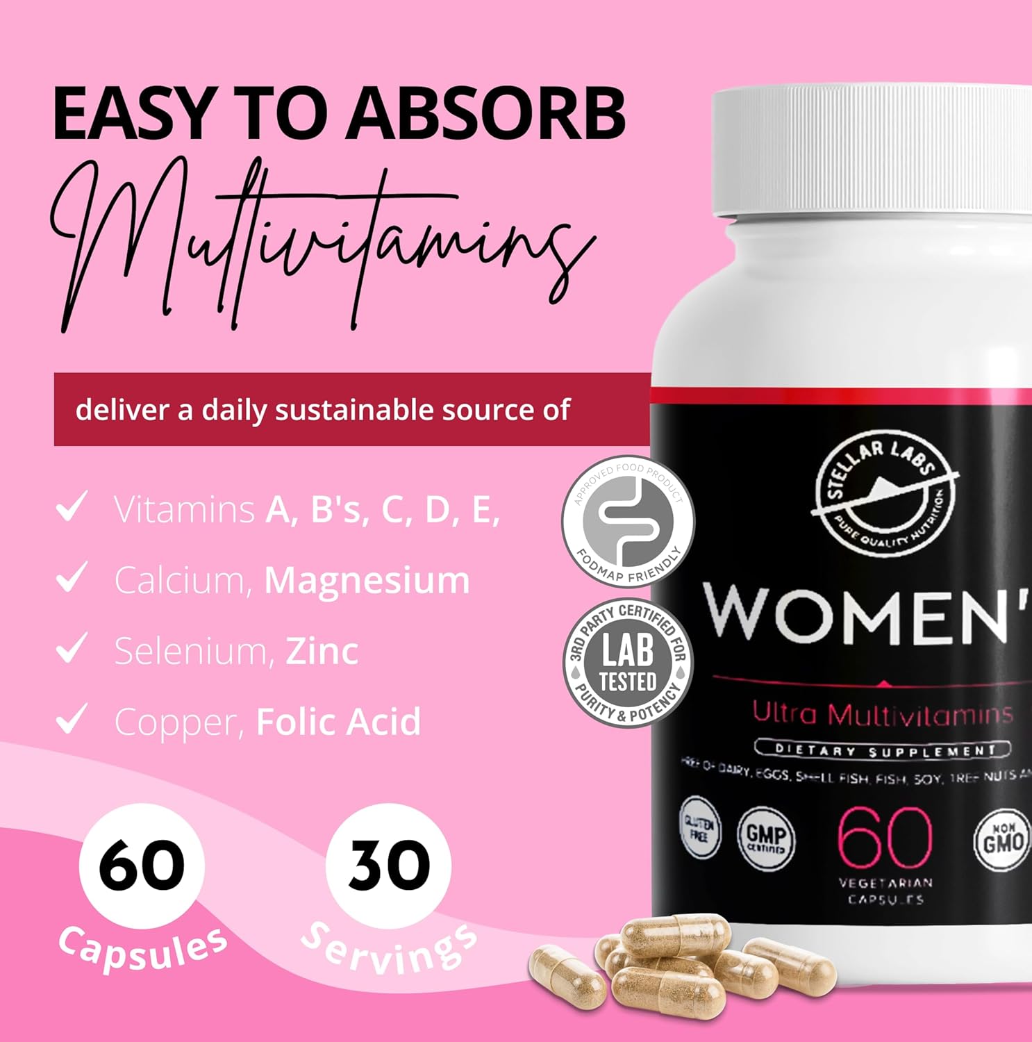 Low FODMAP Vegan Women's Ultra Multi-Vitamin for Low Energy Support | Iron-Free Digestible Daily Multivitamin for Females | Easy to Swallow Veggie Capsules - 60 Count