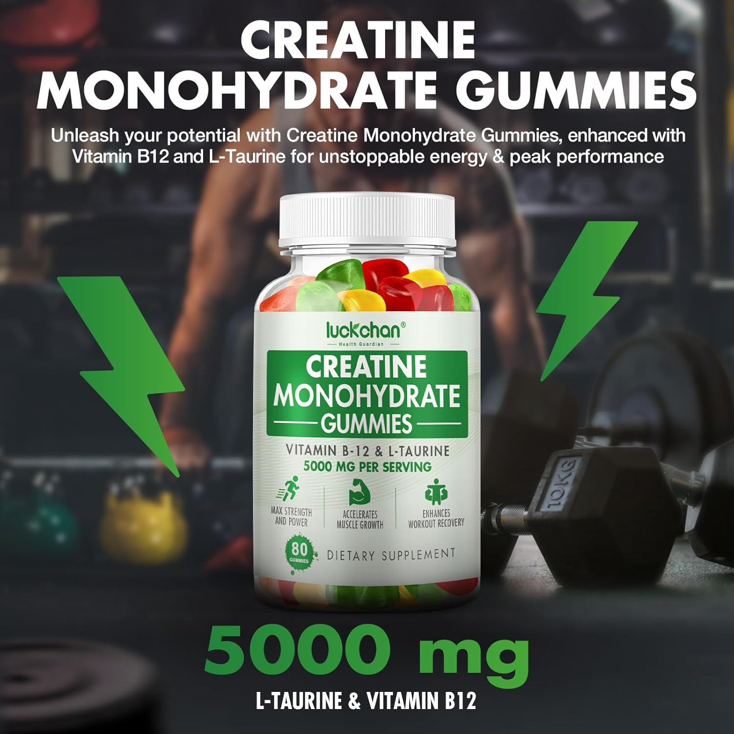 LUCKCHAN Creatine Gummies 5000mg - Muscle Strength & Energy Boost Supplement for Men & Women - 160 Count Chewables for Pre-Workout