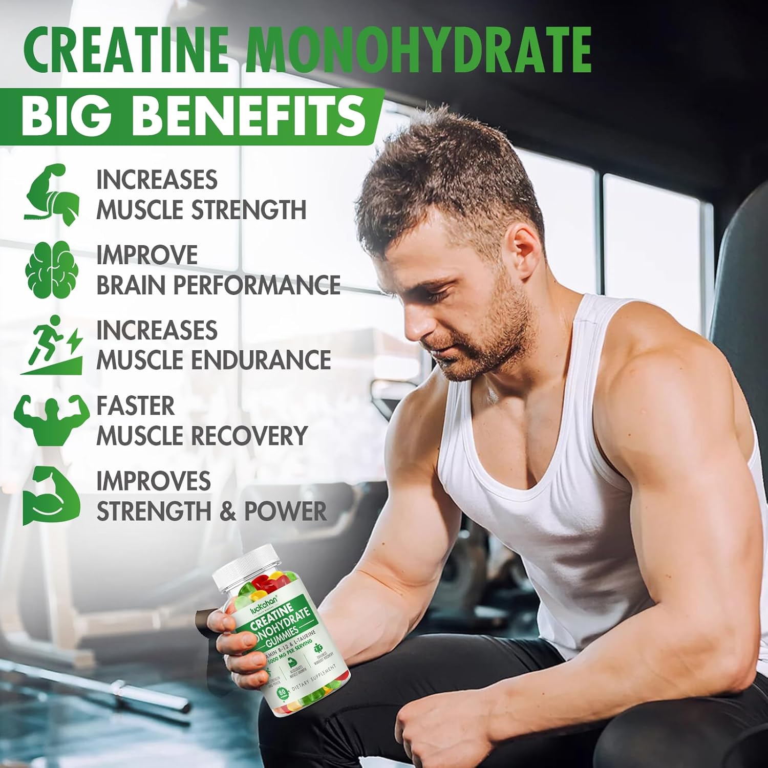LUCKCHAN Creatine Gummies 5000mg - Muscle Strength & Energy Boost Supplement for Men & Women - 160 Count Chewables for Pre-Workout