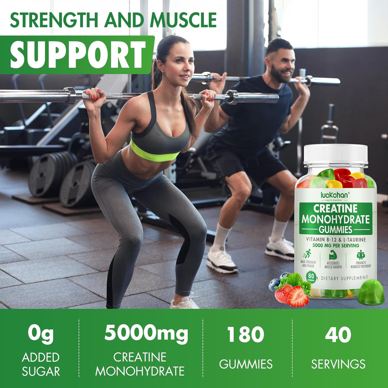 LUCKCHAN Creatine Gummies 5000mg - Muscle Strength & Energy Boost Supplement for Men & Women - 160 Count Chewables for Pre-Workout