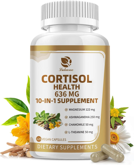 Lukaree 10-in-1 Cortisol Reducer Supplement for Men & Women - Mood, Focus, Sleep Support - 120 Vegan Capsules