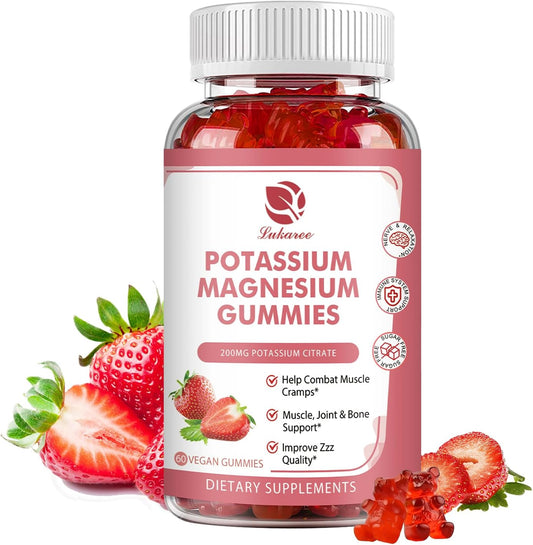 Lukaree High Absorption Potassium Magnesium Gummies with Omega 3, B6, D3, K2 & Calcium - Chewable Gummy for Leg Cramps, Immunity & Energy - 60 Count