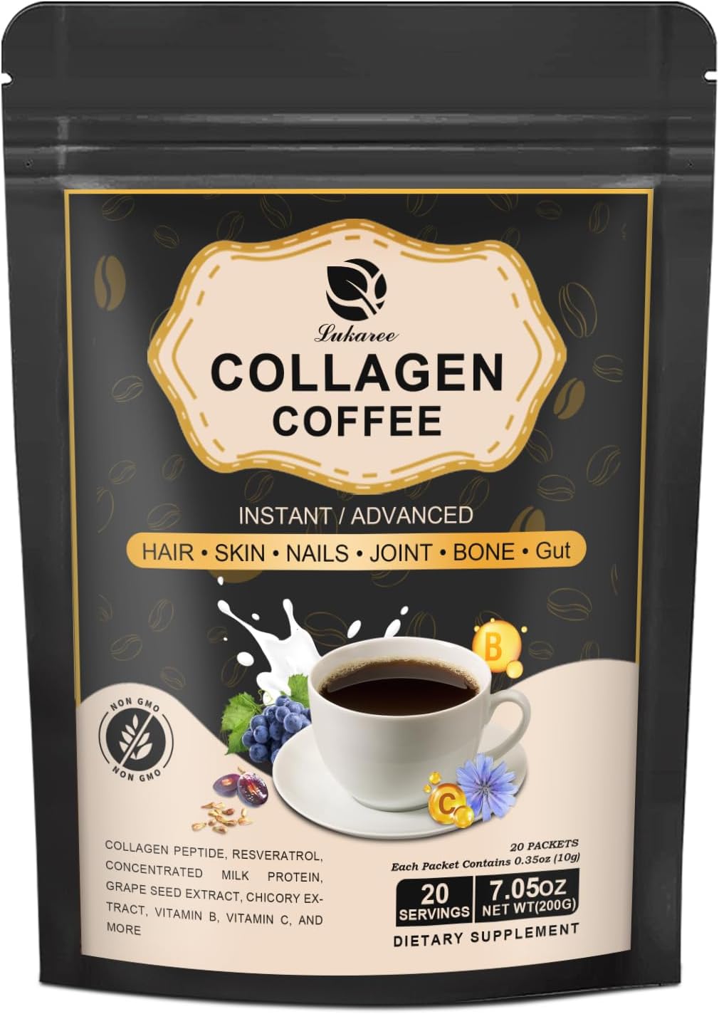 Lukaree Instant Collagen Coffee with Vitamin C, B7, B9, Collagen Peptide Powder with Resveratrol and Carnosine for Hair, Skin, Nails, and Bones