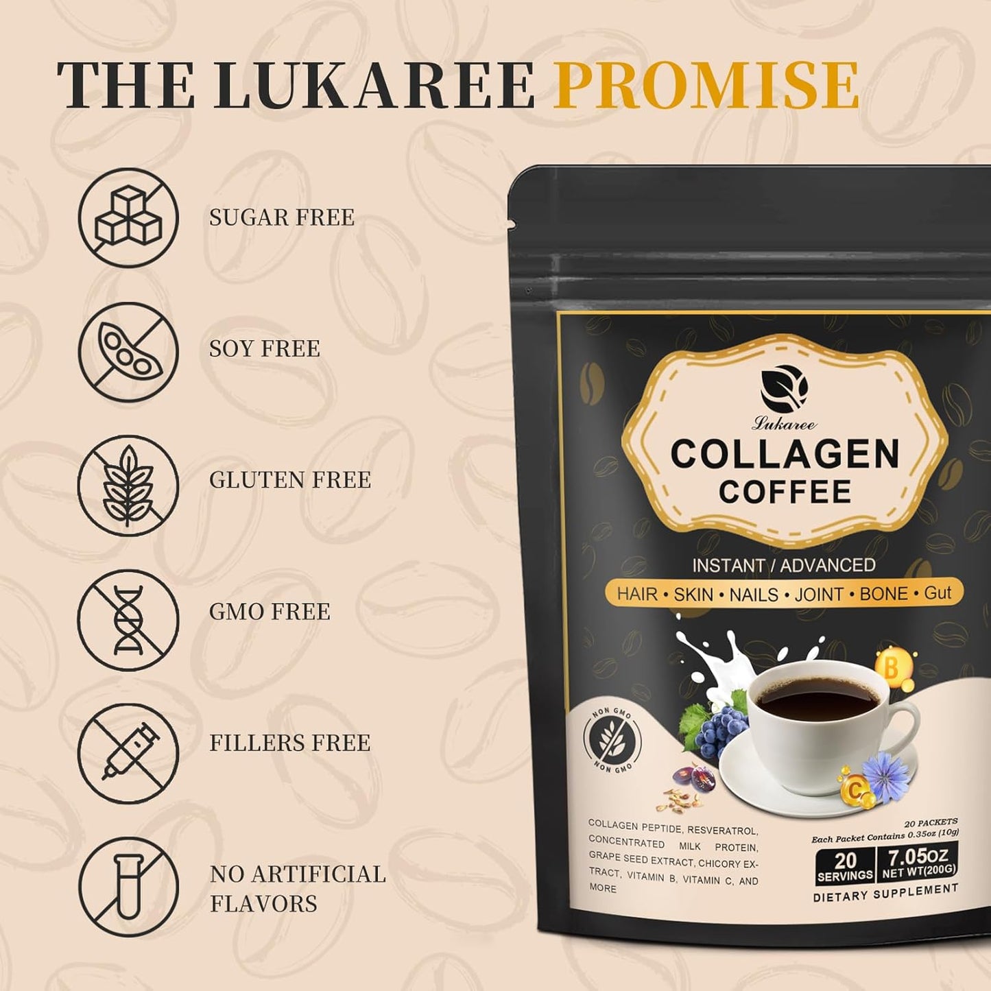 Lukaree Instant Collagen Coffee with Vitamin C, B7, B9, Collagen Peptide Powder with Resveratrol and Carnosine for Hair, Skin, Nails, and Bones