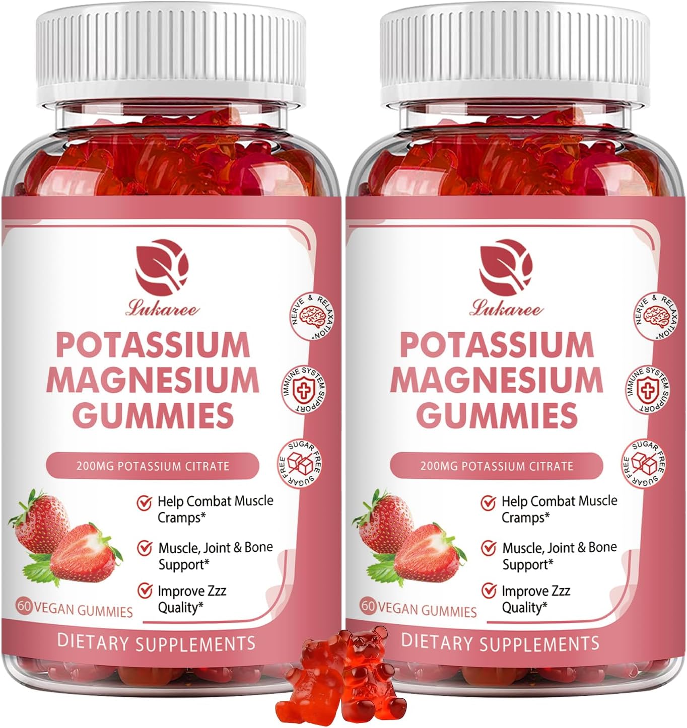 Lukaree Magnesium Potassium Gummies with Omega 3, B6, D3, K2 & Calcium - 120 Count Formula for Calm, Zzz, Leg Cramps & Muscle