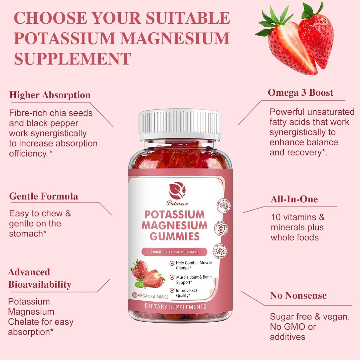 Lukaree Magnesium Potassium Gummies with Omega 3, B6, D3, K2 & Calcium - 120 Count Formula for Calm, Zzz, Leg Cramps & Muscle