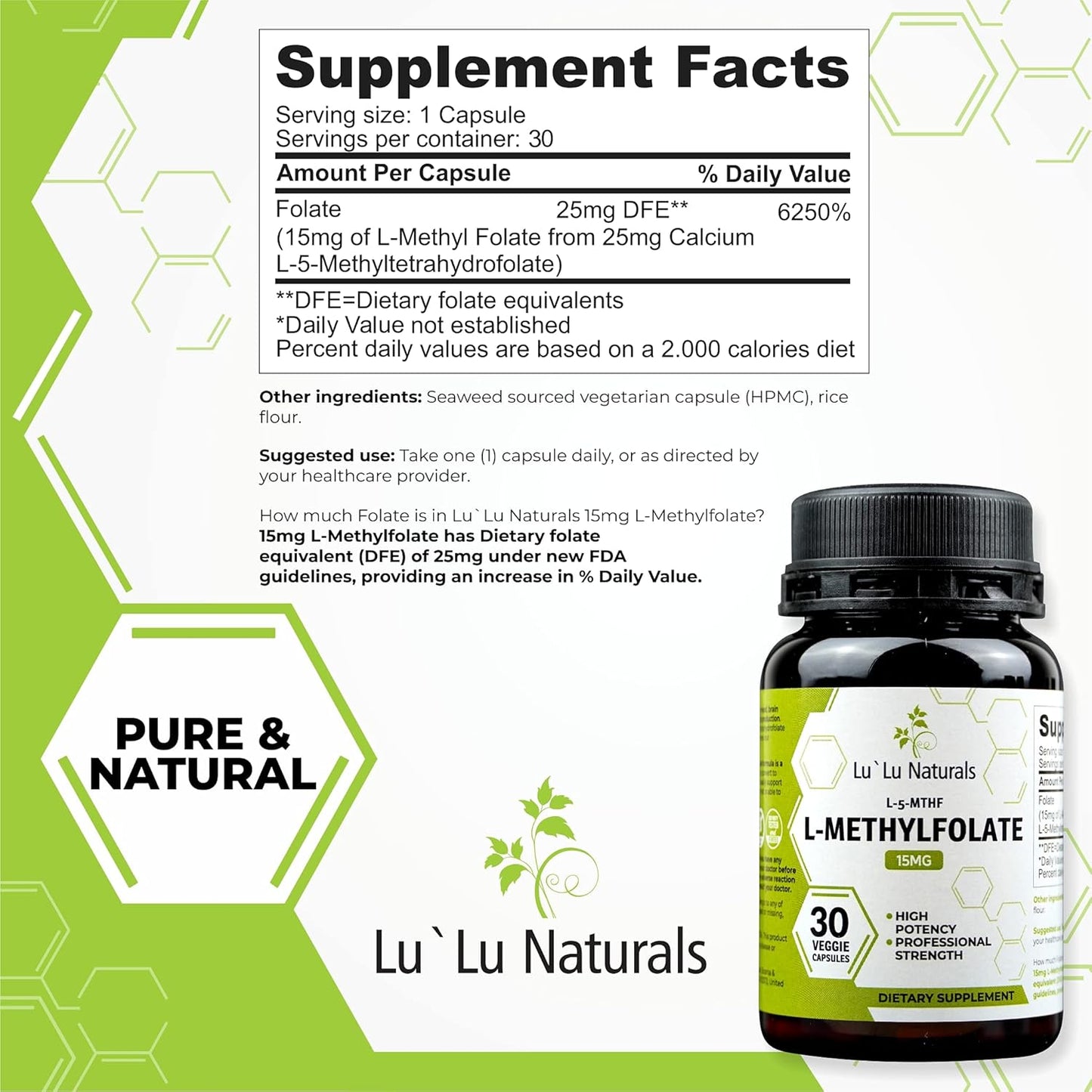 Lu'Lu Naturals L Methylfolate 15mg Activated Methyl Folate, Folic Acid, 5-mthf 30 Veggie Caps