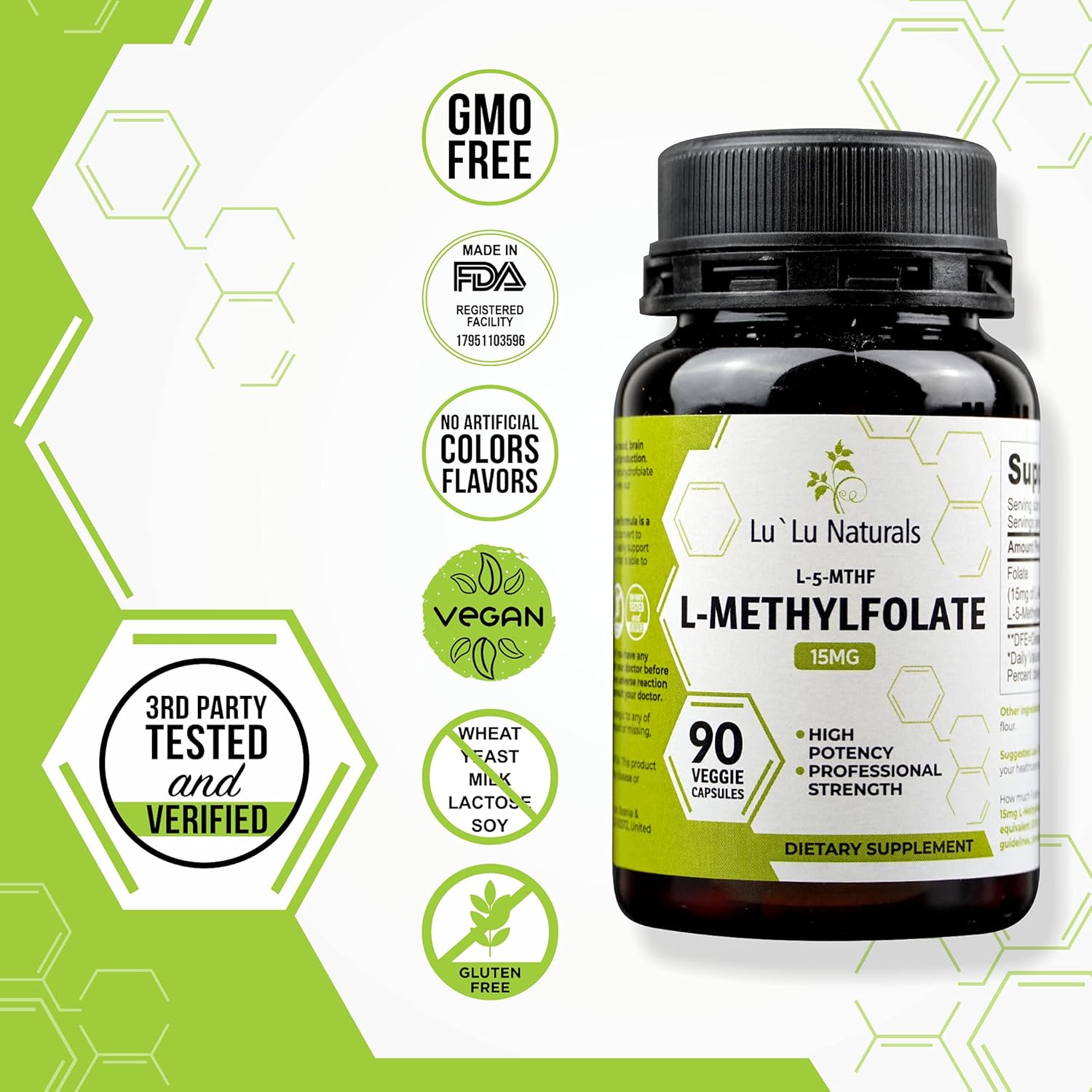 Lu'Lu Naturals L-Methylfolate 15mg Optimized and Activated Folic Acid. 90 Veggie Caps Methyl Folate, L-5-mthf