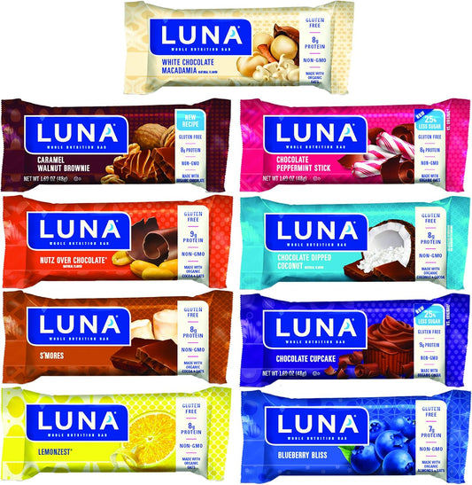 LUNA BAR Variety Pack - 9 Gluten Free Snack Bars with 7-9g Protein - Non-GMO Plant-Based On the Go Snacks - Wholesome Snacking Option