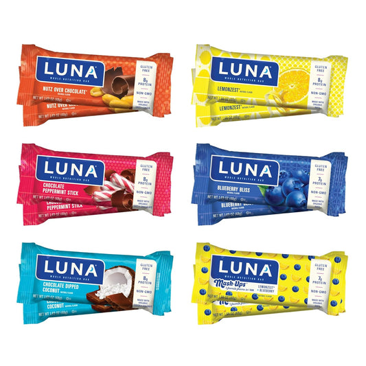 LUNA Bar Variety Pack - Gluten-Free, Non-GMO, 7-9g Protein, Organic Oats, Low Glycemic, Whole Nutrition Snack Bars - 12 Count