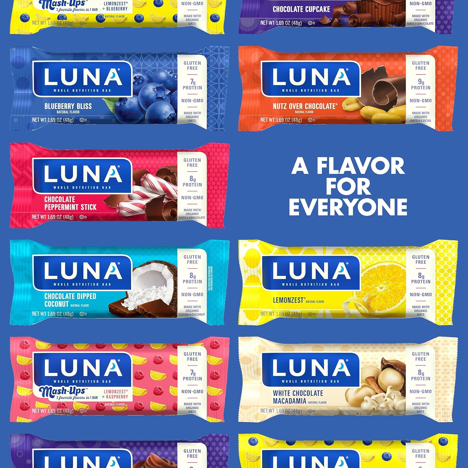LUNA Bar Variety Pack - Gluten-Free, Non-GMO, 7-9g Protein, Organic Oats, Low Glycemic, Whole Nutrition Snack Bars - 12 Count