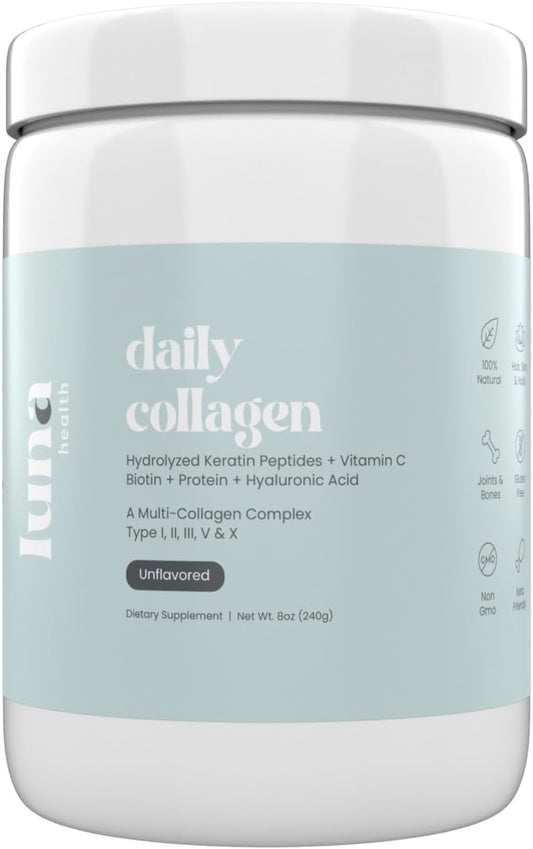 Luna Health Multi Collagen Protein Powder with Keratin, Biotin, and Hyaluronic Acid for Anti-Aging, Hair Growth, and Joint Support