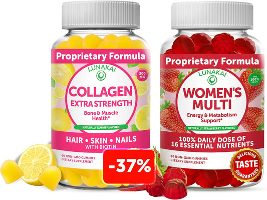 Lunakai Collagen and Women's Multivitamin Gummies Bundle - Non-GMO Anti Aging Supplements with Biotin, Zinc, Vitamin C & E - 30 Day Supply