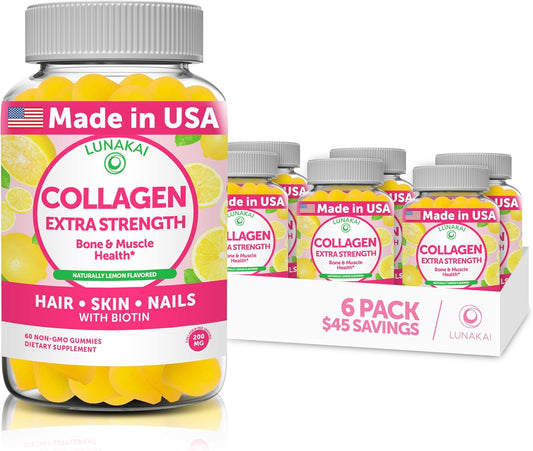Lunakai Collagen Gummies: Delicious 200mg Hydrolyzed Collagen with Biotin, Zinc, Vitamin C & E - Non-GMO Anti Aging Supplement for Women & Men - 6 Pack