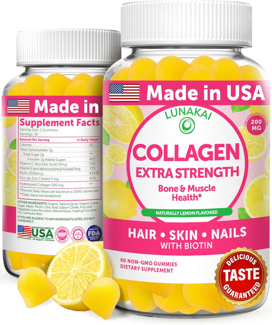 Lunakai USA Made Collagen Peptides Gummies - 200mg Non-GMO Anti-Aging Supplement for Hair, Skin, and Nails with Biotin, Zinc, Vitamins C & E, 60ct