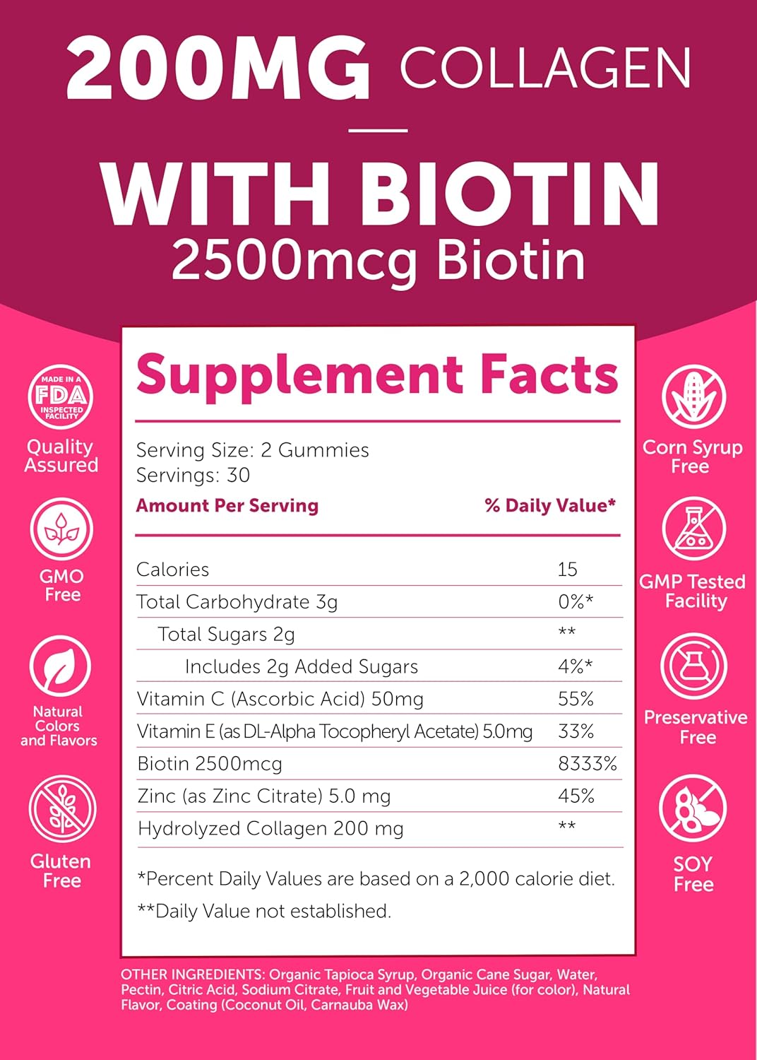 Lunakai USA Made Collagen Peptides Gummies - 200mg Non-GMO Anti-Aging Supplement for Hair, Skin, and Nails with Biotin, Zinc, Vitamins C & E, 60ct