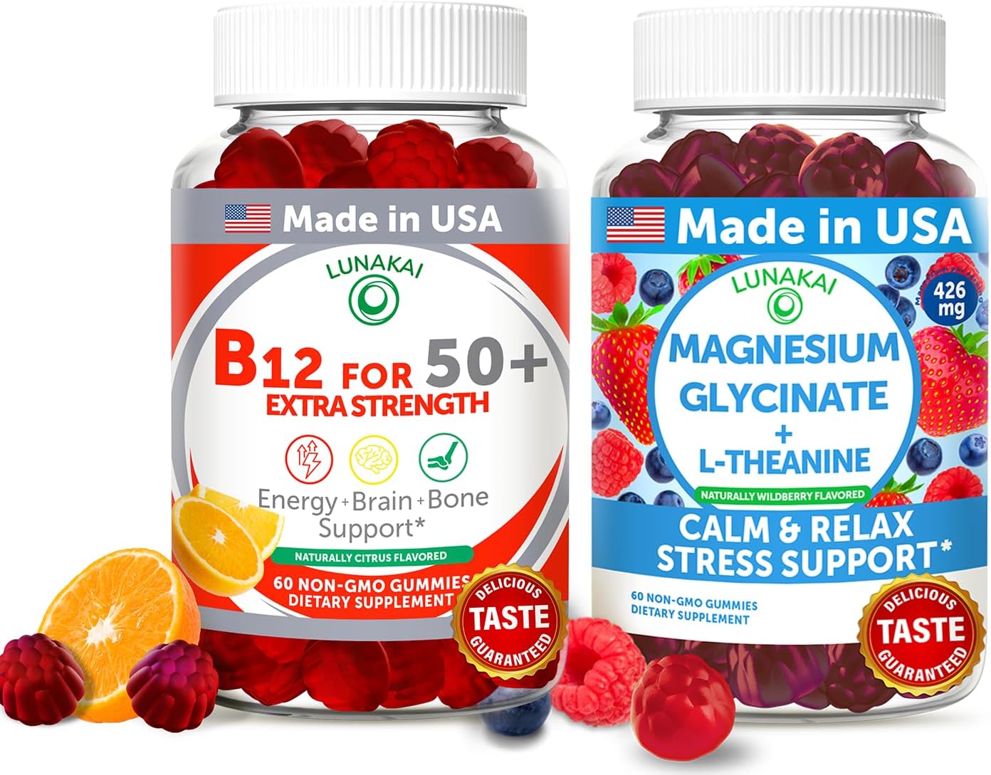 Lunakai USA Made Vitamin B12 & Magnesium Glycinate Gummies Bundle for Adults 50+, Non-GMO, Vegan, 60ct Each, Supports Energy, Mood, Relaxation, Stress Relief