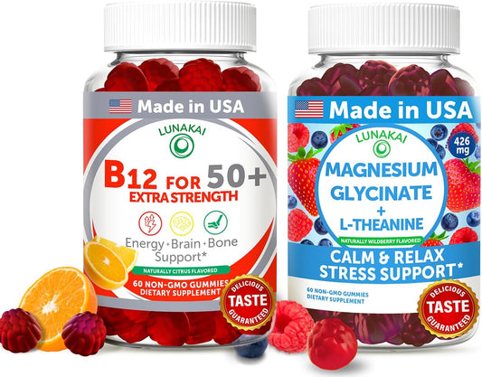 Lunakai USA Made Vitamin B12 & Magnesium Glycinate Gummies Bundle for Adults 50+, Non-GMO, Vegan, 60ct Each, Supports Energy, Mood, Relaxation, Stress Relief