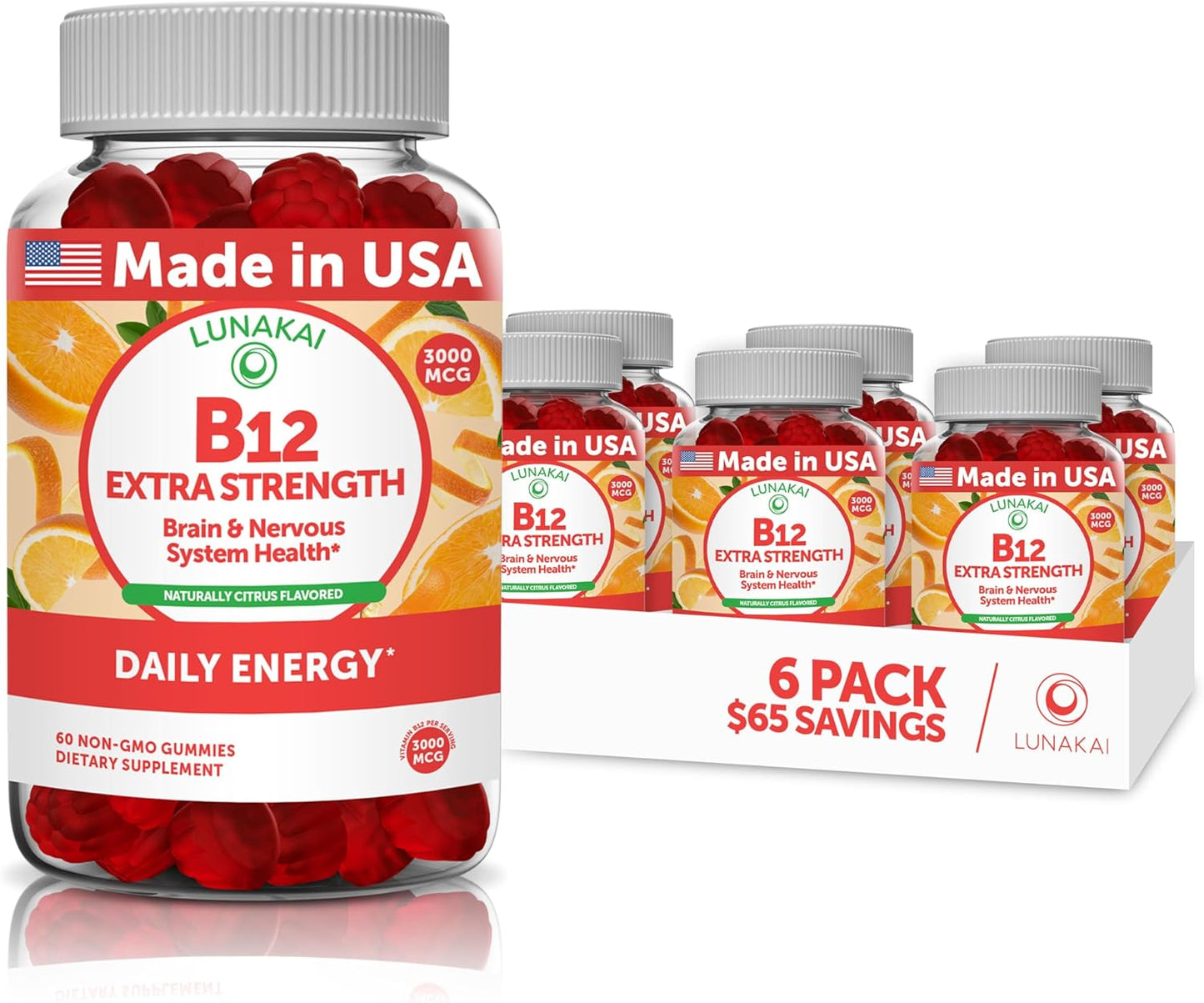 Lunakai Vitamin B12 Energy Gummies - Tasty High Absorption Formula - 3000mcg Methyl B-12 - Non-GMO Vegan Chewables for Adults - 6 Pack
