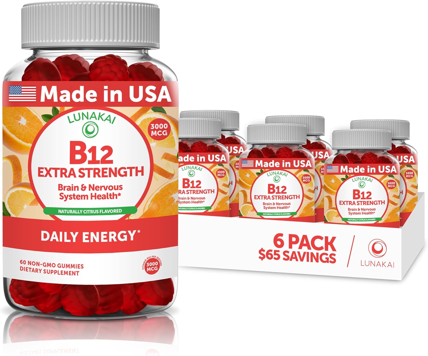 Lunakai Vitamin B12 Energy Gummies - Tasty High Absorption Formula - 3000mcg Methyl B-12 - Non-GMO Vegan Chewables for Adults - 6 Pack