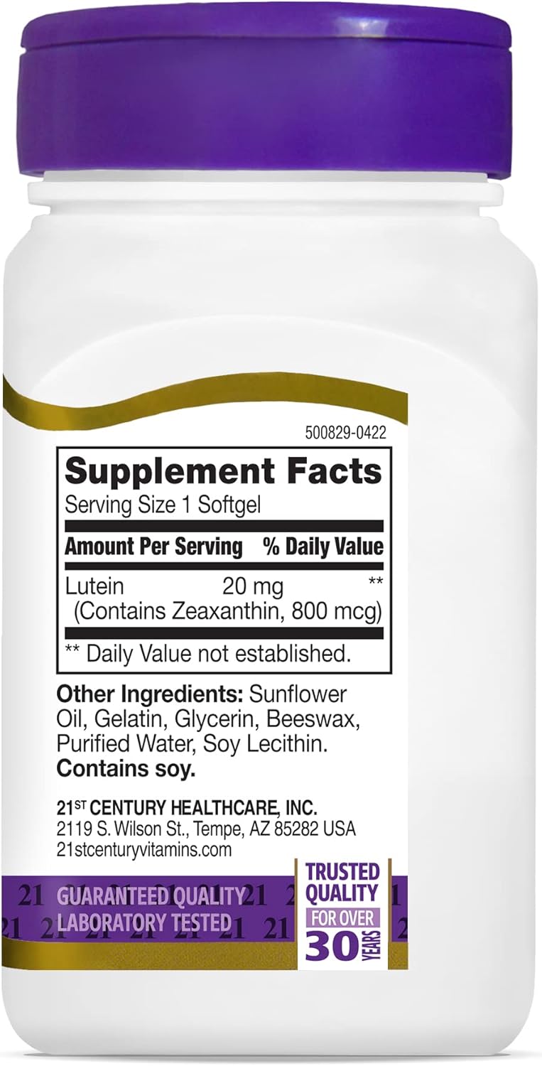 Lutein 20 mg Softgels: Premium Vision Support Supplement, 60 Count in 21st Century Formula