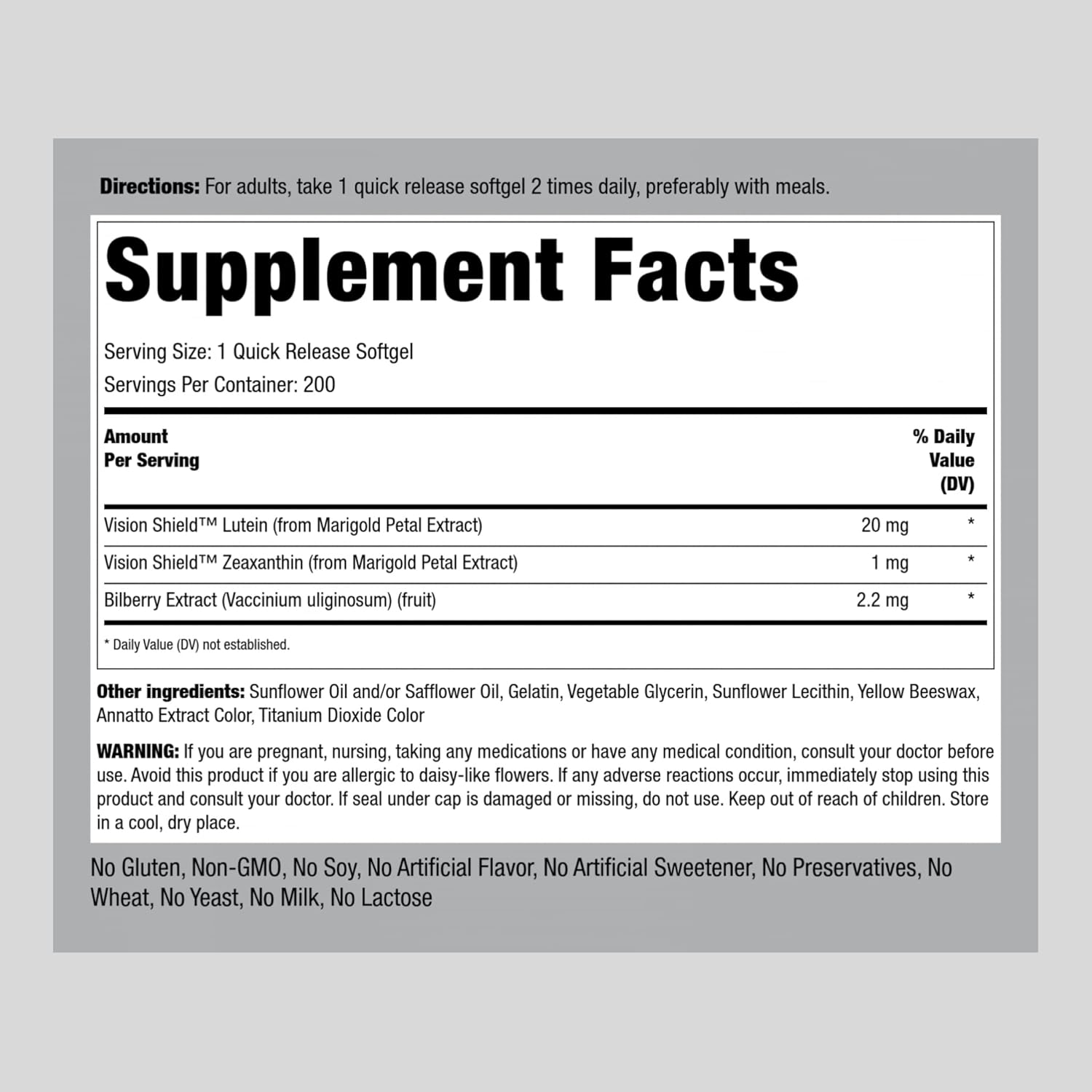 Lutein and Zeaxanthin Supplements with Bilberry Extract for Eye Health - 200 Softgels - Non-GMO, Gluten Free