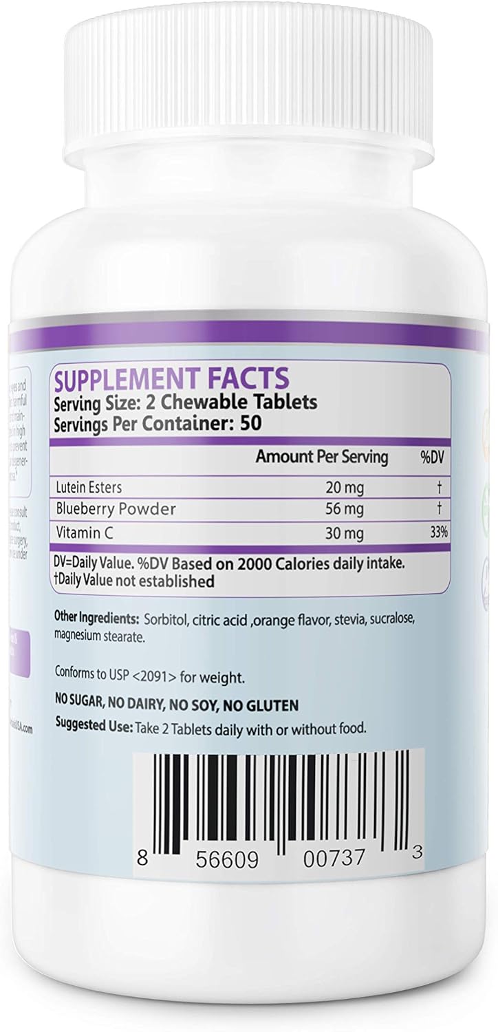 Lutein Esters 20mg Chewable Tablets - Eye Health Support with Blue Light Protection - Blueberry Flavor, 100 Count