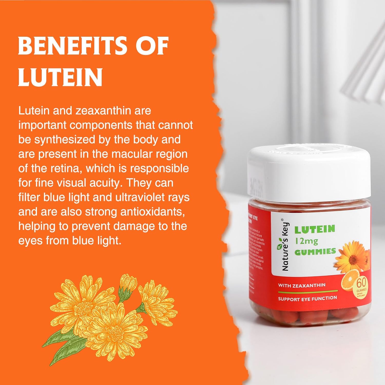 Lutein Gummies with Zeaxanthin & Vitamin A - Eye Health and Brain Support for Kids and Adults - Orange Flavor - 60Ct