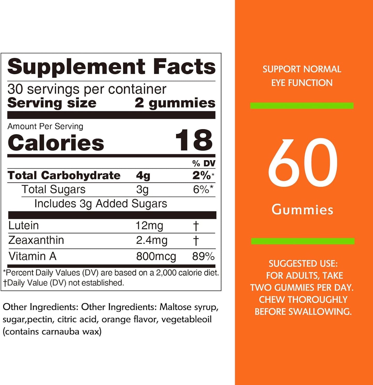 Lutein Gummies with Zeaxanthin & Vitamin A - Eye Health and Brain Support for Kids and Adults - Orange Flavor - 60Ct