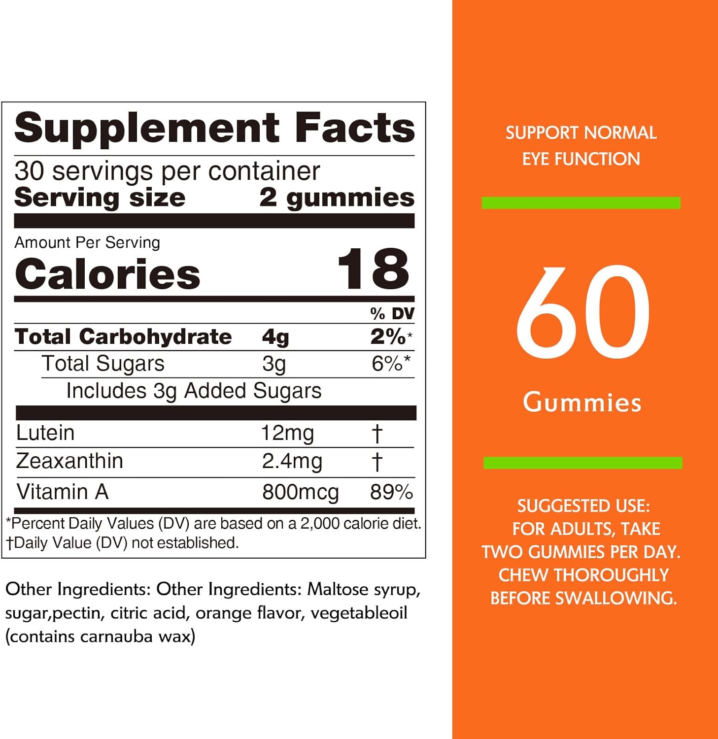 Lutein Gummies with Zeaxanthin & Vitamin A - Eye Health and Brain Support for Kids and Adults - Orange Flavor - 60Ct