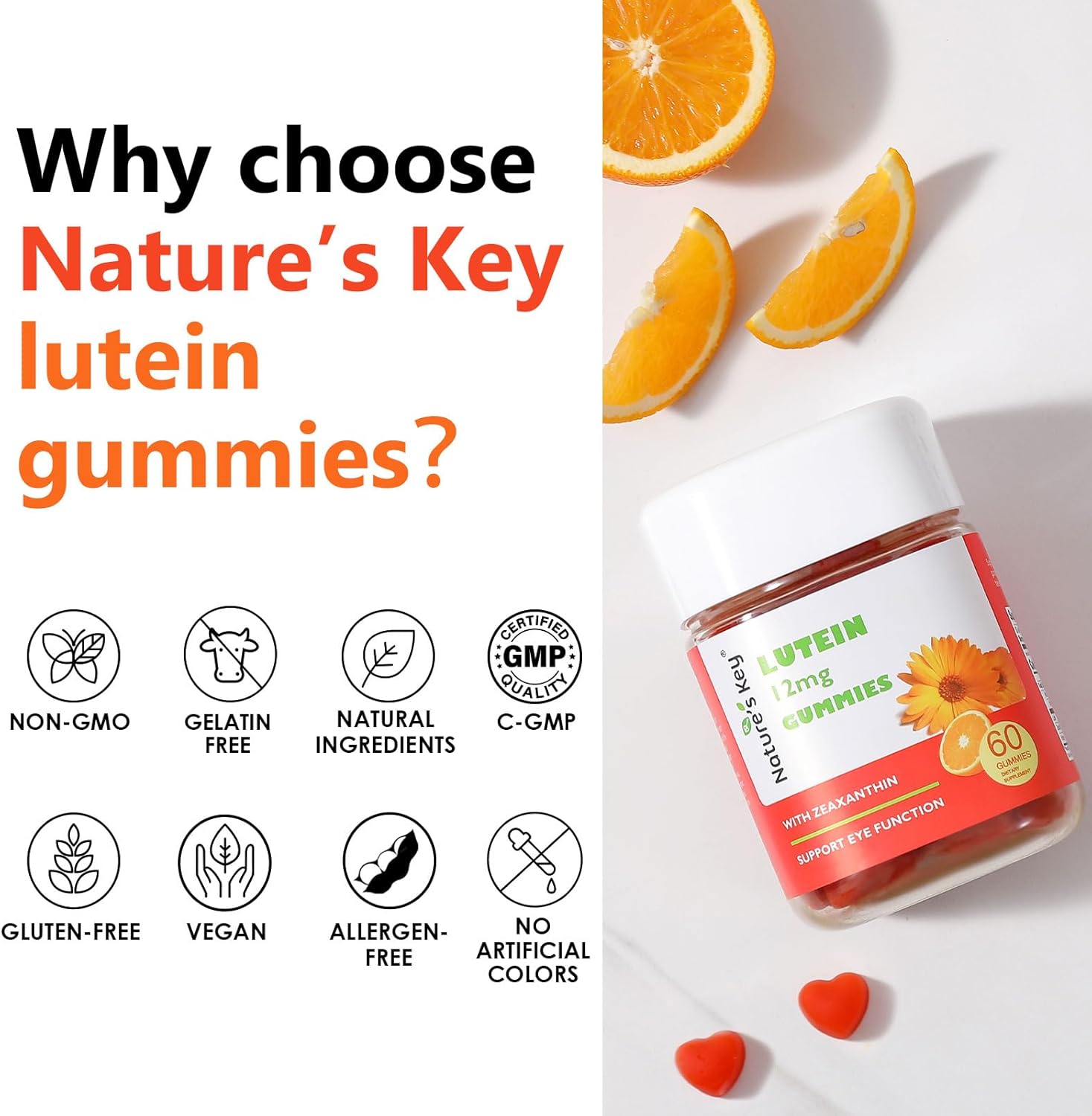 Lutein Gummies with Zeaxanthin & Vitamin A - Eye Health and Brain Support for Kids and Adults - Orange Flavor - 60Ct