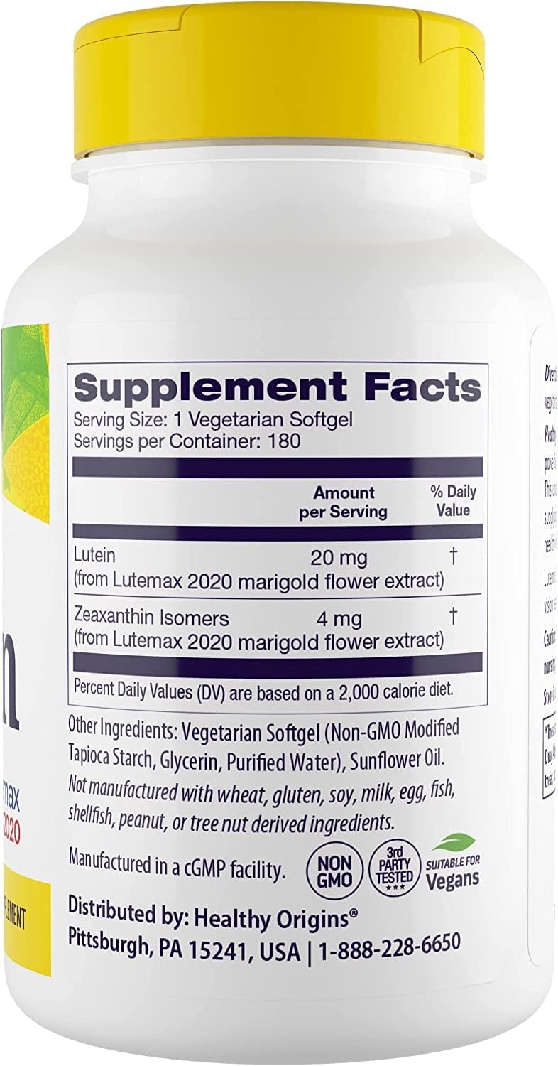 Lutein (Lutemax 2020) 20mg Supplement for Healthy Vision & Eye Health - 180 Vegan Gels with Zeaxanthin - Non-GMO & Gluten-Free Formula