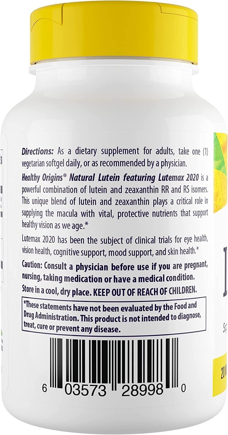 Lutein (Lutemax 2020) 20mg Supplement for Healthy Vision & Eye Health - 180 Vegan Gels with Zeaxanthin - Non-GMO & Gluten-Free Formula