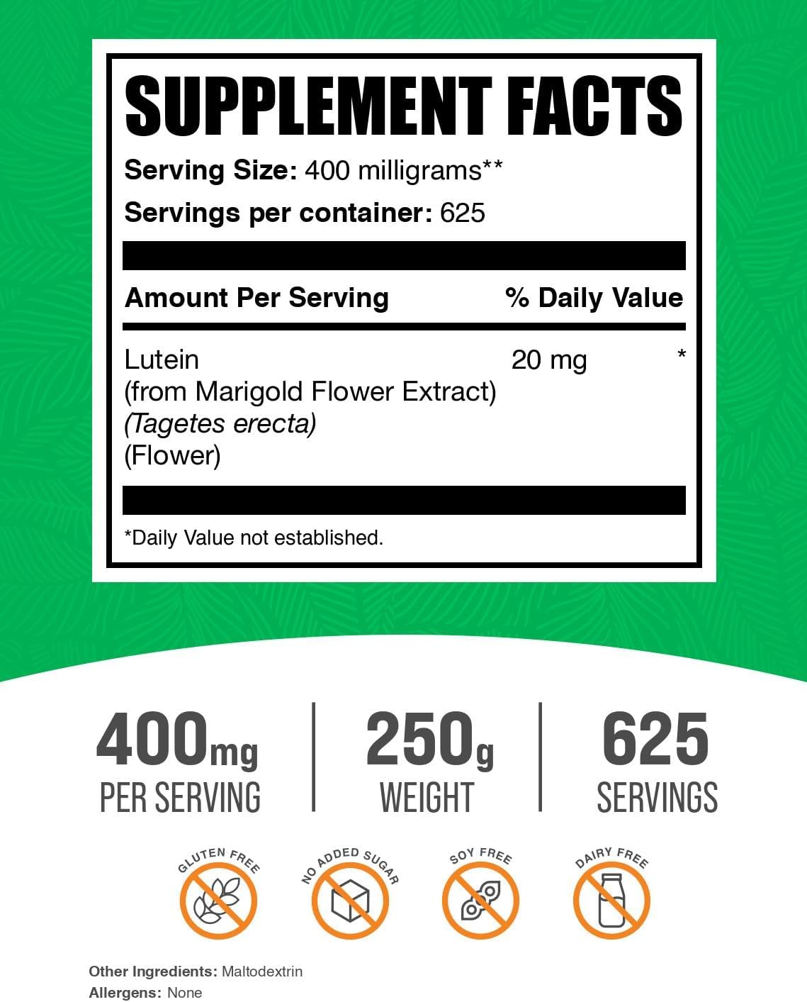 Lutein Powder 20mg - Antioxidant Source, Gluten Free, 250g - Marigold Flower Extract Supplement