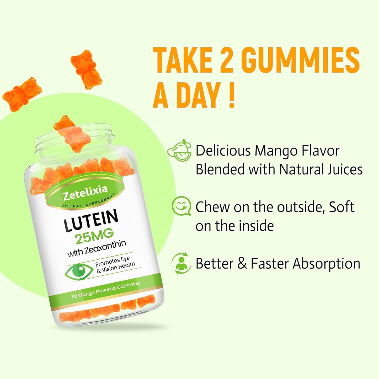 Lutein & Zeaxanthin Gummies 25mg - Eye Health Supplement for Adults - Sugar-Free Vision Support Gummies - 60 Count