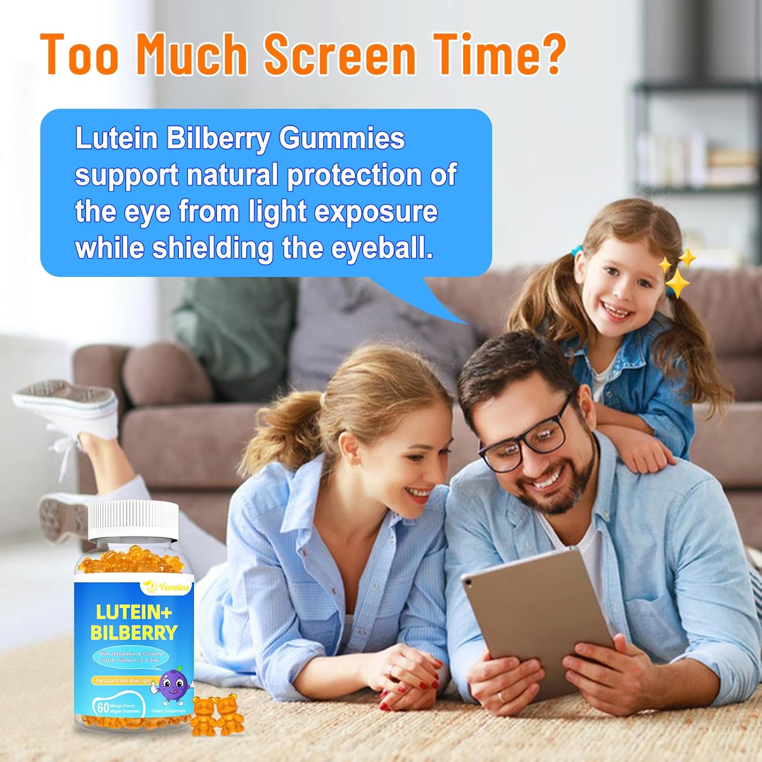 Lutein & Zeaxanthin Gummies with Bilberry, Astaxanthin, Omega 3, Vitamin C, E - Eye Health Supplement for Adults & Kids - Dry Eye Relief, Vision Clarity, Macular Support - VZOXAINS 20mg