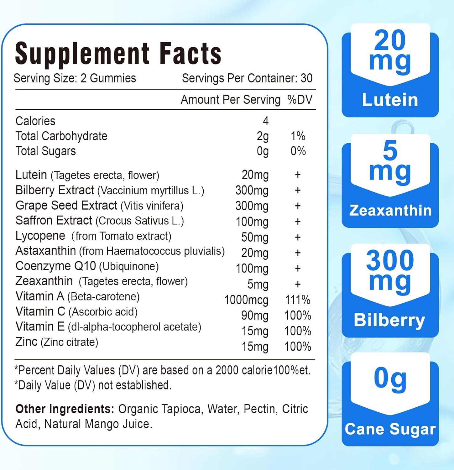 Lutein & Zeaxanthin Gummies with Bilberry, Astaxanthin, Omega 3, Vitamin C, E - Eye Health Supplement for Adults & Kids - Dry Eye Relief, Vision Clarity, Macular Support - VZOXAINS 20mg