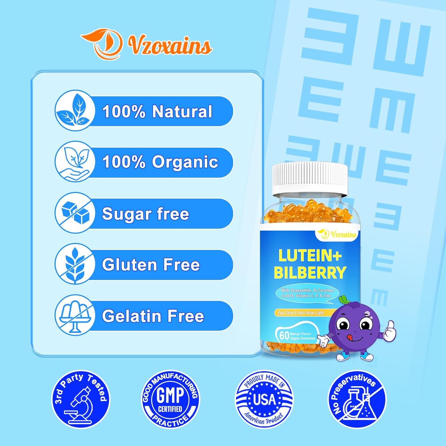 Lutein & Zeaxanthin Gummies with Bilberry, Astaxanthin, Omega 3, Vitamin C, E - Eye Health Supplement for Adults & Kids - Dry Eye Relief, Vision Clarity, Macular Support - VZOXAINS 20mg