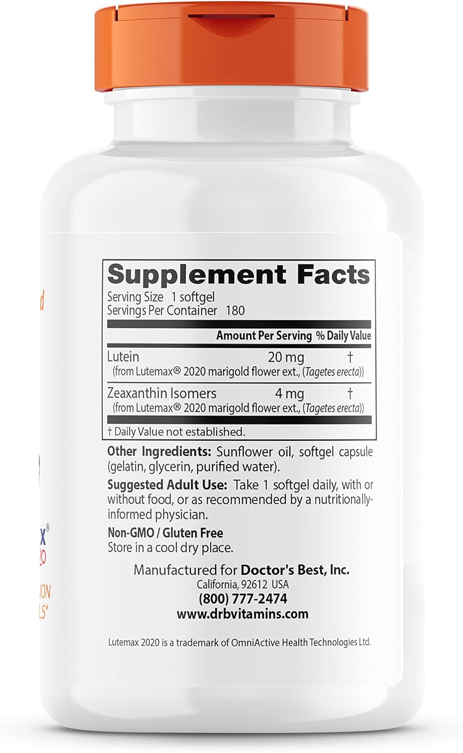 Lutemax Lutein Supplement for Eye Health - 20 mg, 180 Softgels, Non-GMO, Gluten Free, Soy Free - Doctor's Best