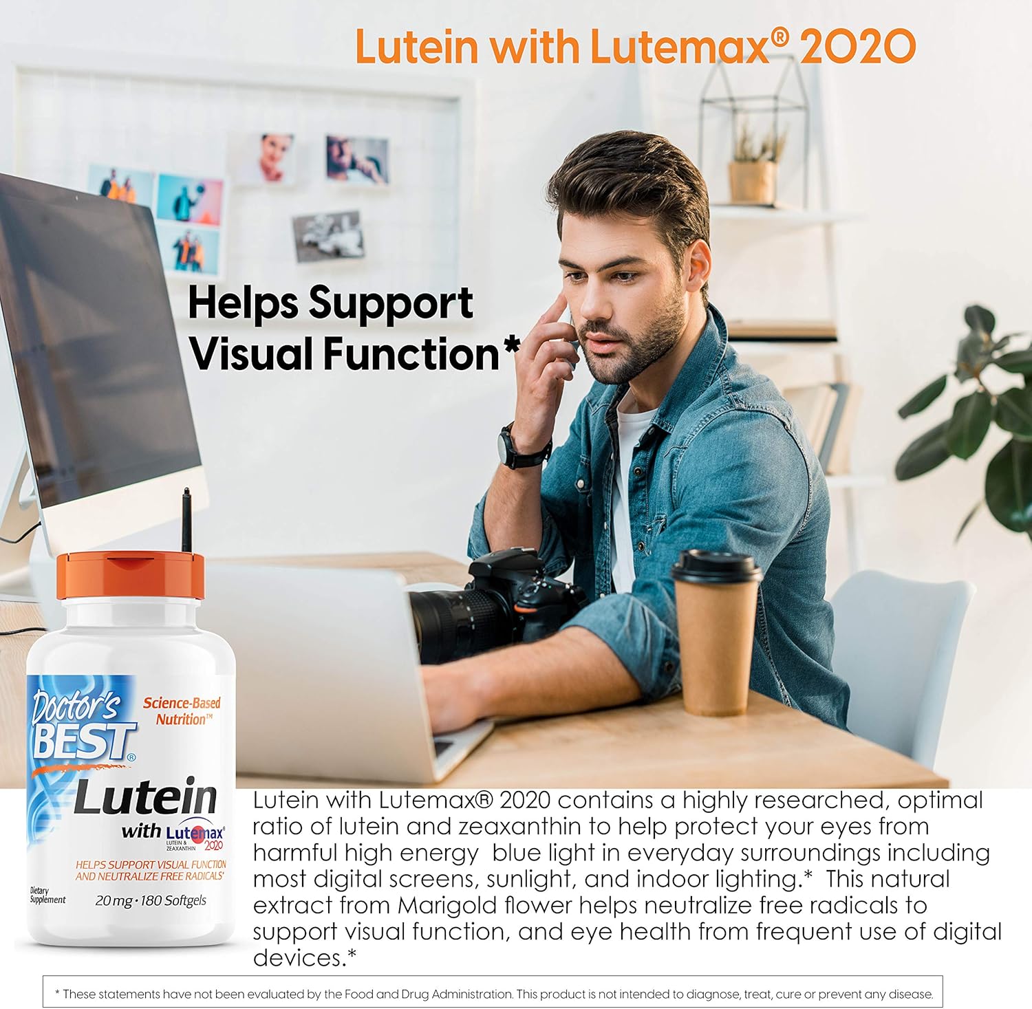 Lutemax Lutein Supplement for Eye Health - 20 mg, 180 Softgels, Non-GMO, Gluten Free, Soy Free - Doctor's Best